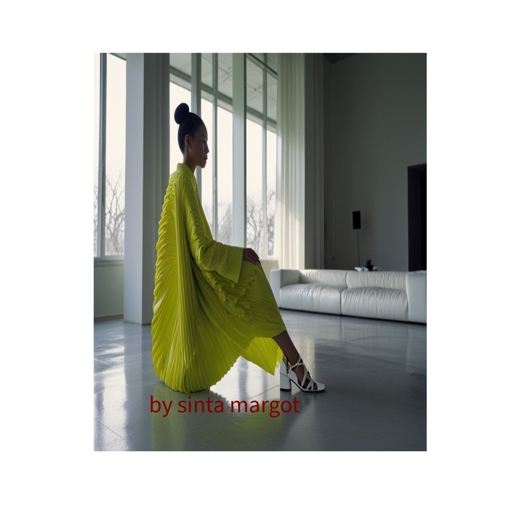 HANDCRAFTED digital art print Vibrant Lime Long Sleeve Dress on model print